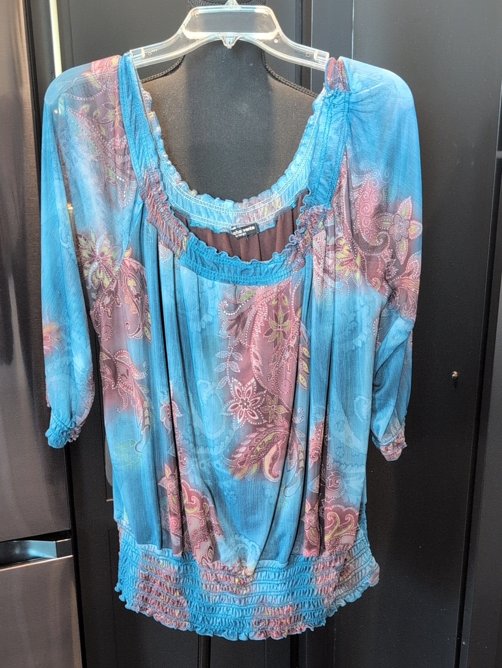 Cha Cha Vente Boho Blue & Brown Paisley 3/4 Sheer Sleeves Peasant Blouse Smocked